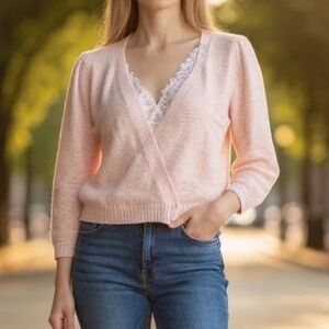 Vintage 80s Wrap Cropped Marled Peach Puffy Sleeve Cardigan Sweater Women Medium